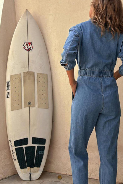 Color Distressed Pocket Buckle O Neck Long Sleeve Regular Denim Jumpsuits