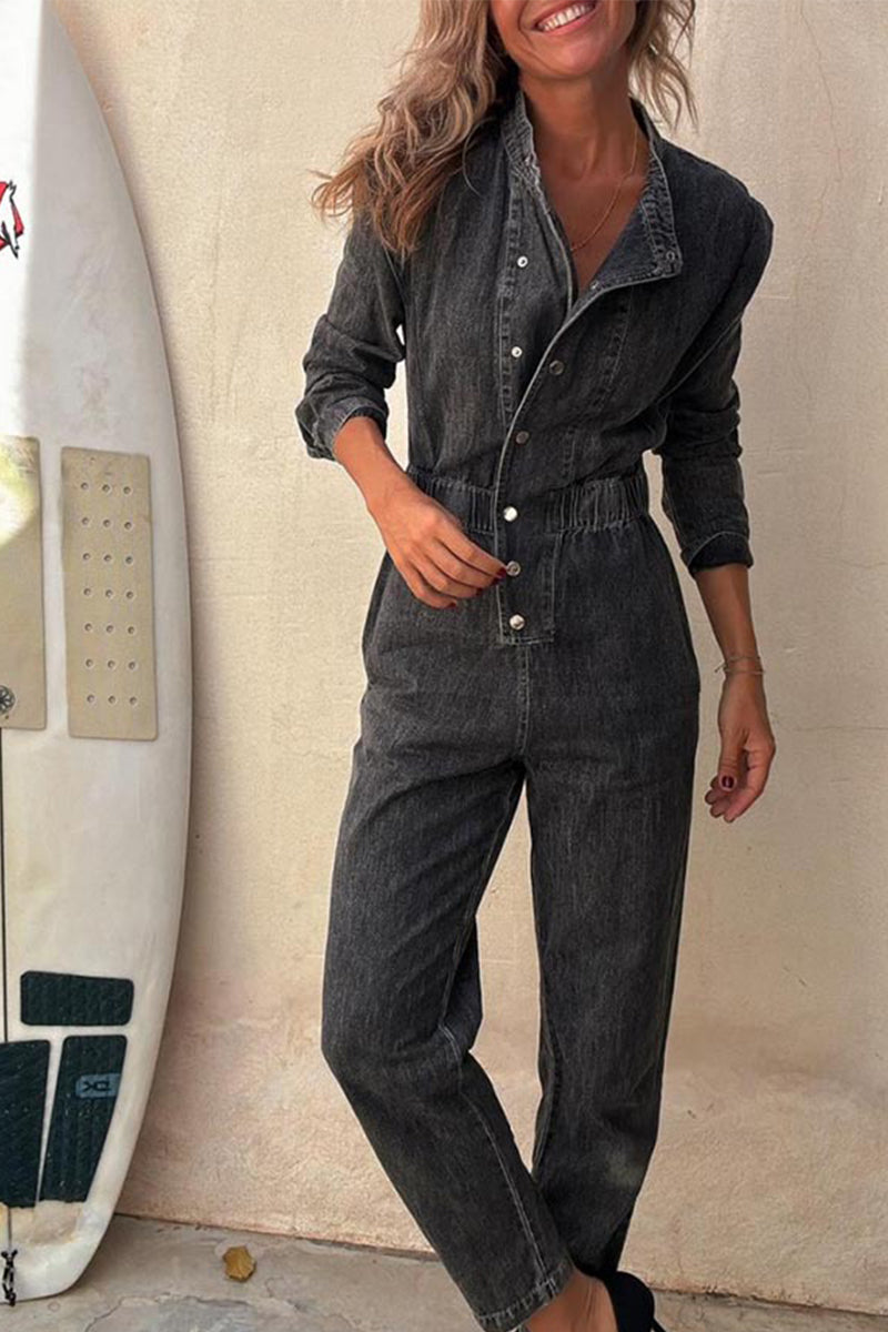Color Distressed Pocket Buckle O Neck Long Sleeve Regular Denim Jumpsuits