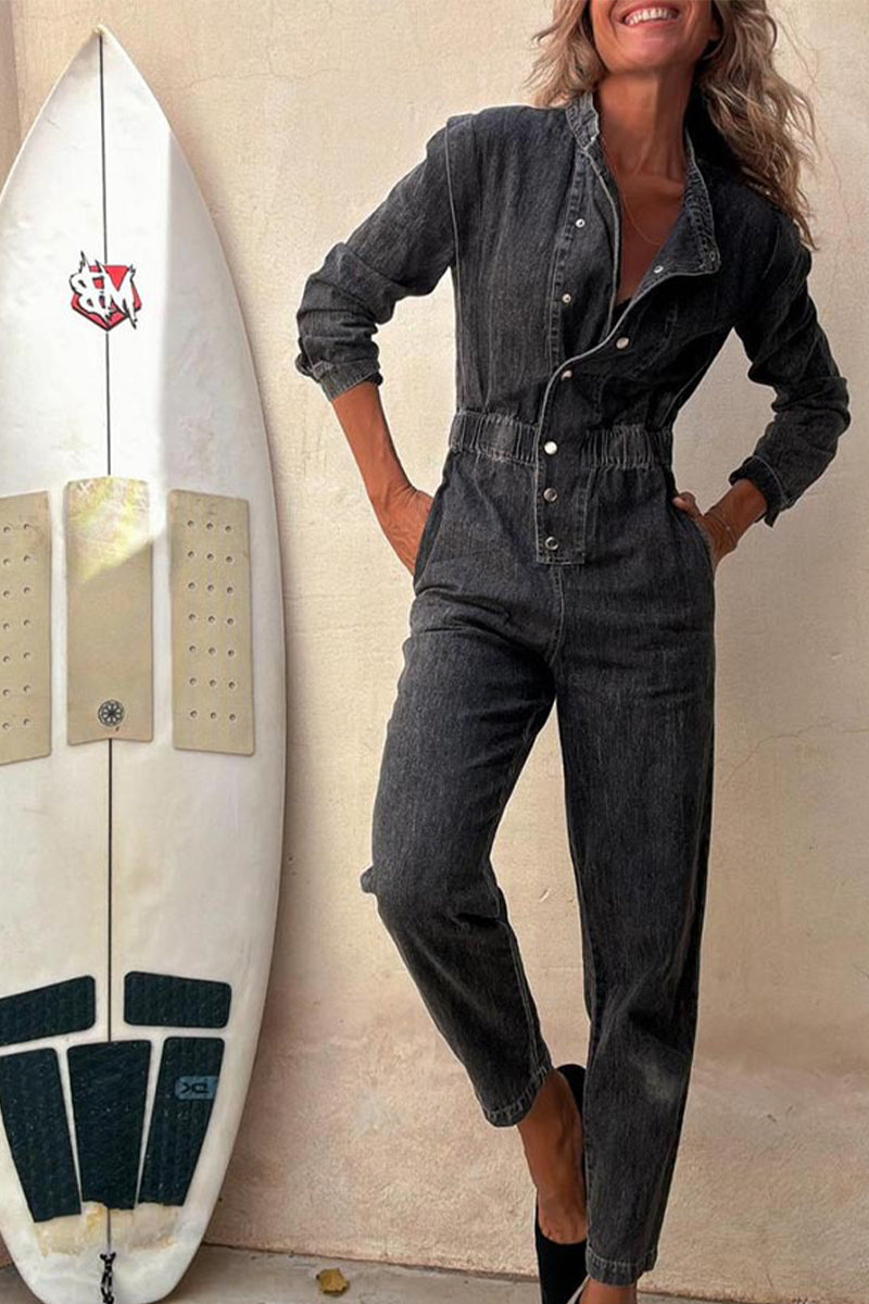 Color Distressed Pocket Buckle O Neck Long Sleeve Regular Denim Jumpsuits