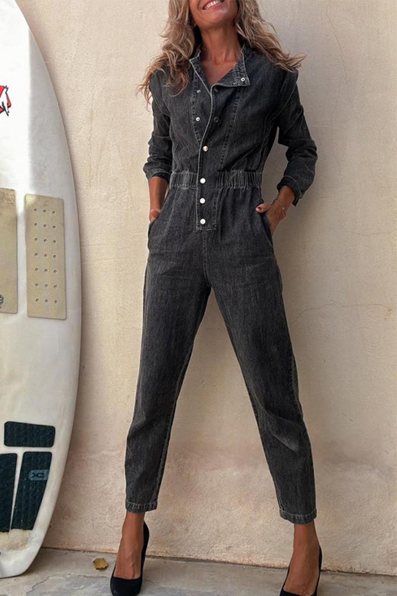 Color Distressed Pocket Buckle O Neck Long Sleeve Regular Denim Jumpsuits