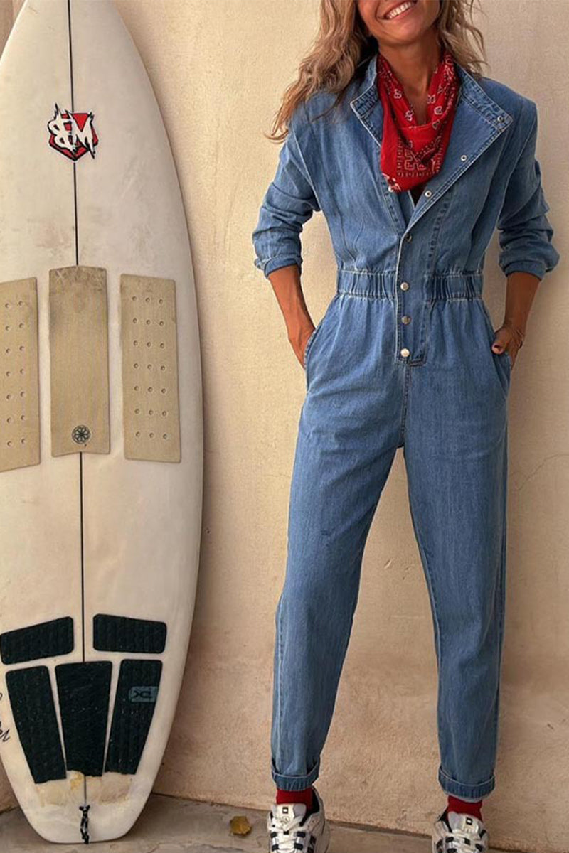 Color Distressed Pocket Buckle O Neck Long Sleeve Regular Denim Jumpsuits