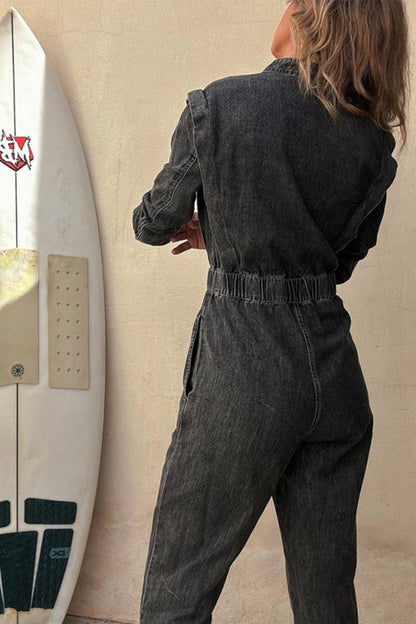 Color Distressed Pocket Buckle O Neck Long Sleeve Regular Denim Jumpsuits
