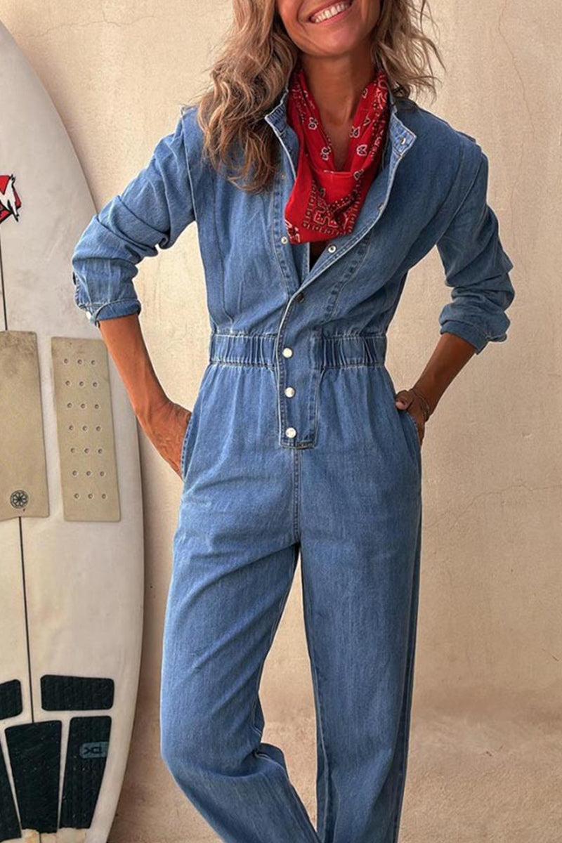 Color Distressed Pocket Buckle O Neck Long Sleeve Regular Denim Jumpsuits