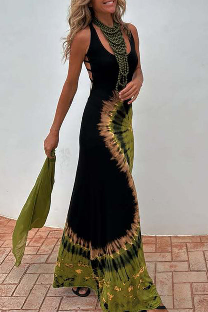 Tie Dye Backless Contrast U Neck Long Dresses(no Accessories)