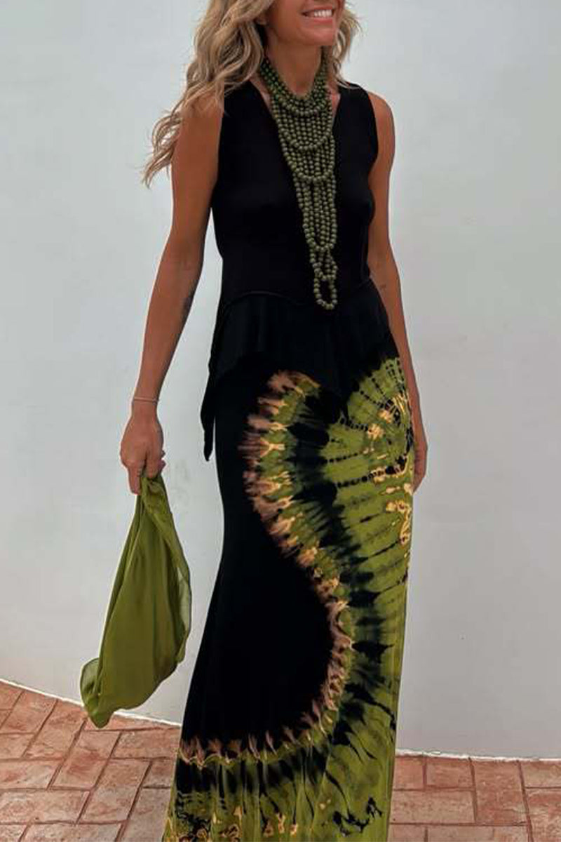 Tie Dye Backless Contrast U Neck Long Dresses(no Accessories)
