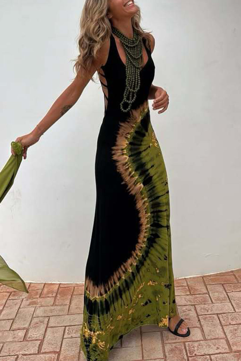 Tie Dye Backless Contrast U Neck Long Dresses(no Accessories)