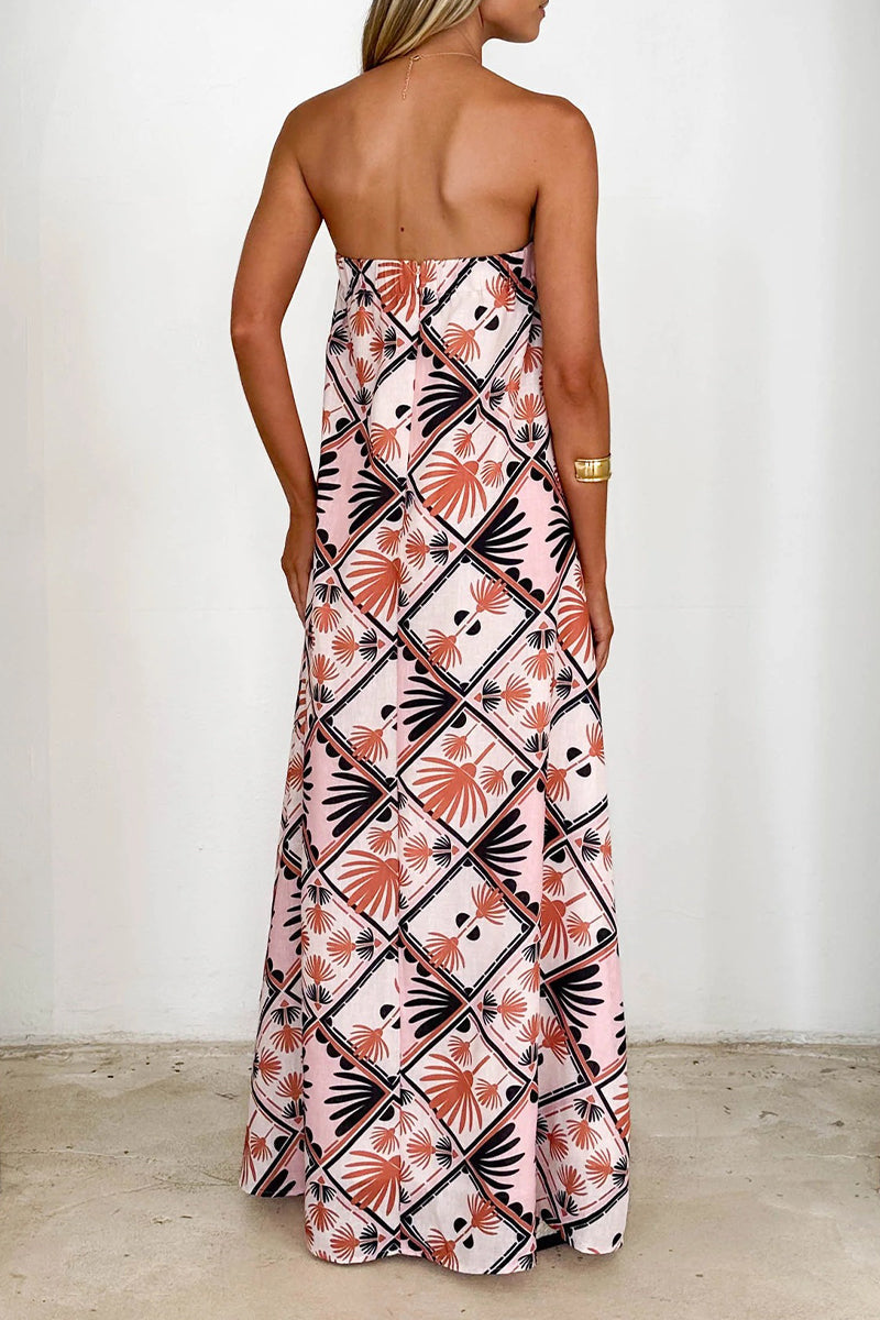 Vacation Print Zipper Contrast Strapless Long Dresses