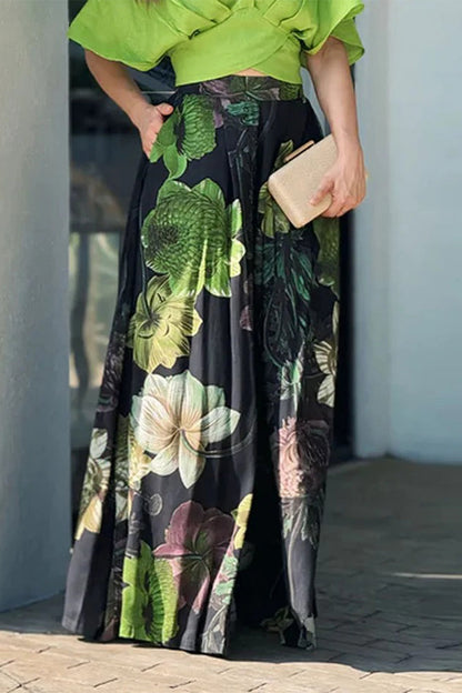 Print Pocket Contrast V Neck Short Sleeve Two Pieces