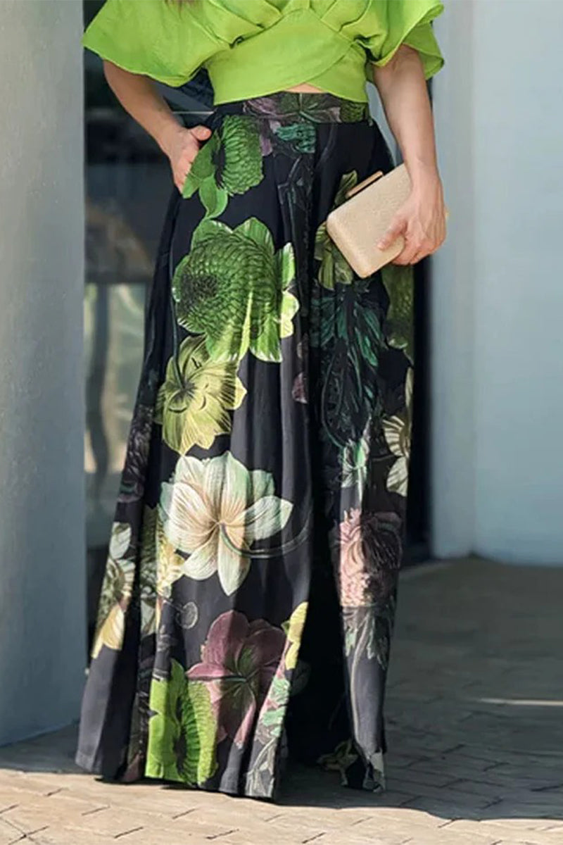 Print Pocket Contrast V Neck Short Sleeve Two Pieces