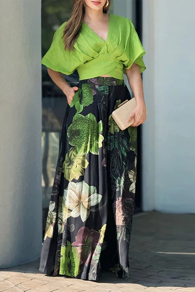 Print Pocket Contrast V Neck Short Sleeve Two Pieces