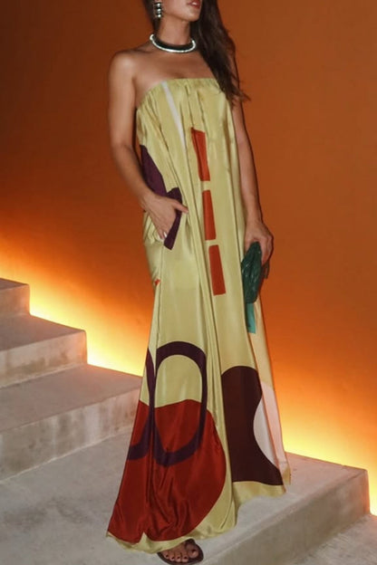 Geometric Print Contrast Strapless Long Dresses