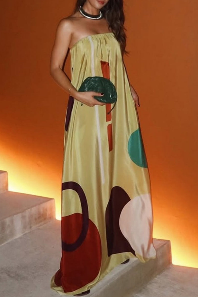 Geometric Print Contrast Strapless Long Dresses