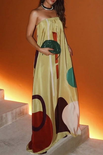Geometric Print Contrast Strapless Long Dresses