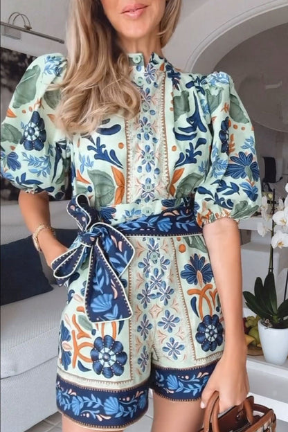 Print Lace Up Buttons O Neck Rompers