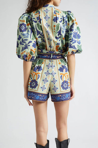 Print Lace Up Buttons O Neck Rompers