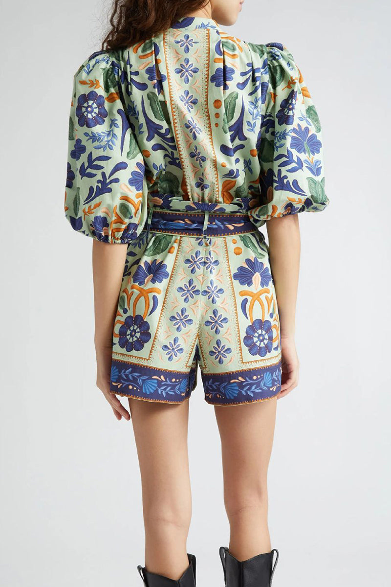 Print Lace Up Buttons O Neck Rompers