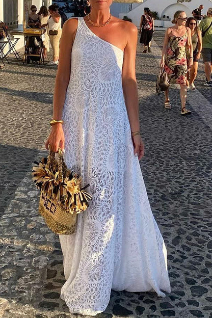 Color Lace Slit Sloping Shoulder Long Dresses
