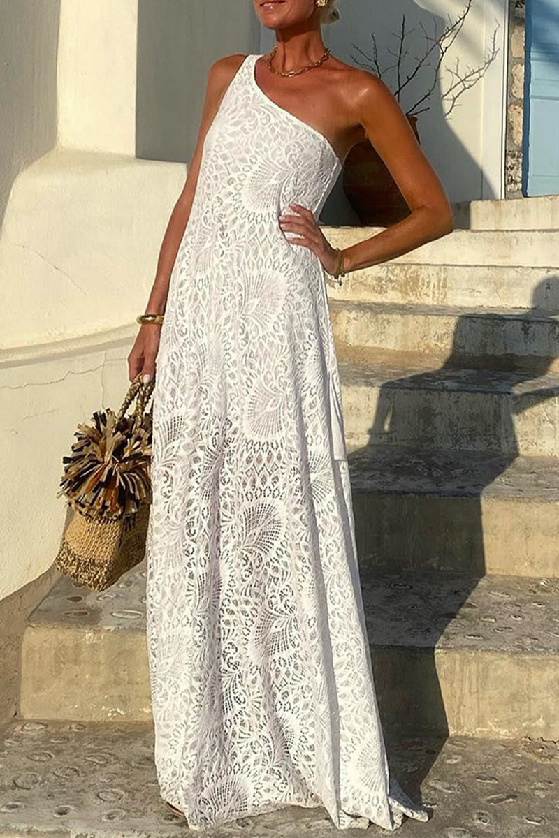 Color Lace Slit Sloping Shoulder Long Dresses