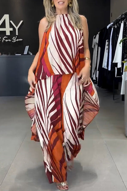 Striped Print Lace Up Irregular Contrast O Neck Sleeveless Two Pieces