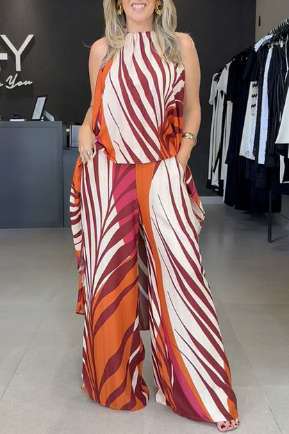 Striped Print Lace Up Irregular Contrast O Neck Sleeveless Two Pieces