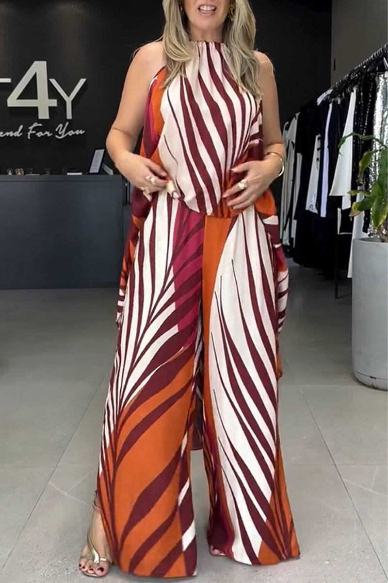 Striped Print Lace Up Irregular Contrast O Neck Sleeveless Two Pieces
