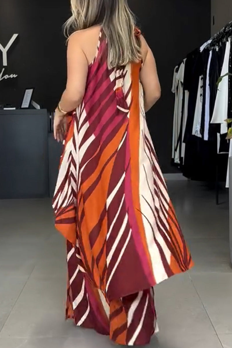 Striped Print Lace Up Irregular Contrast O Neck Sleeveless Two Pieces