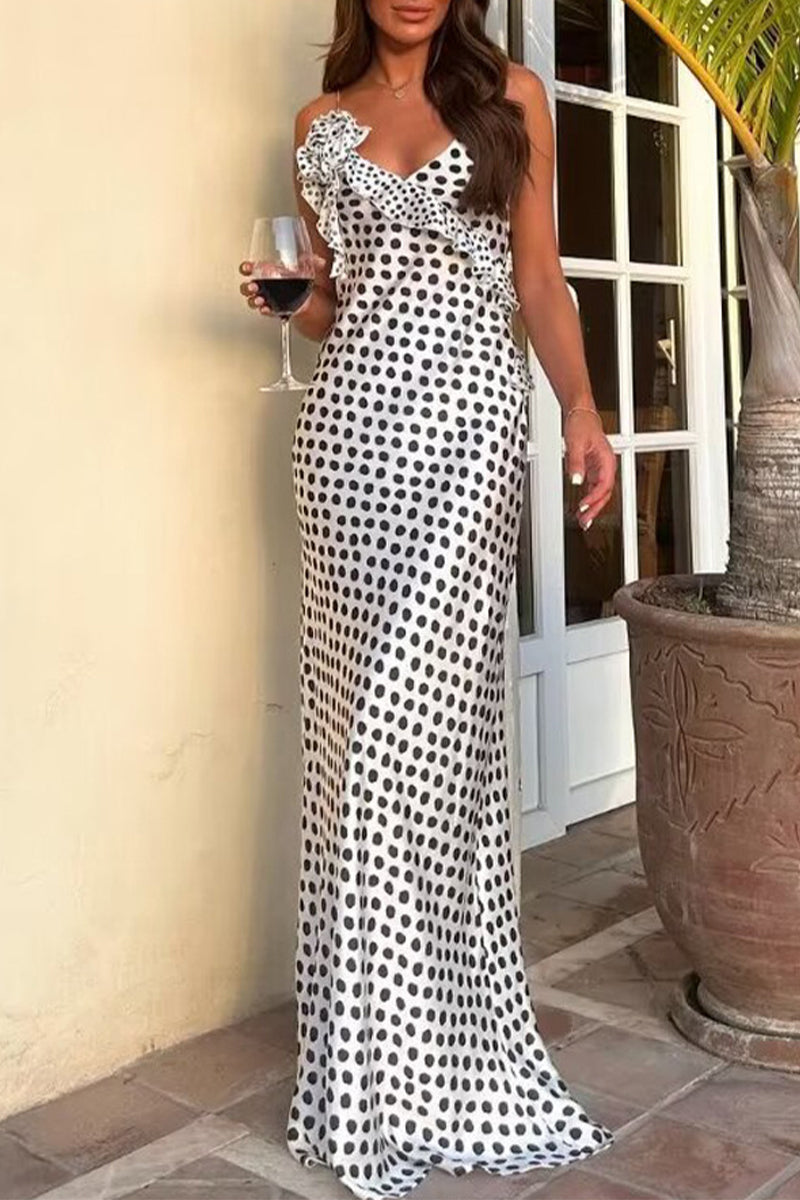 Polka Dot Backless Stringy Selvedge Contrast V Neck Long Dresses