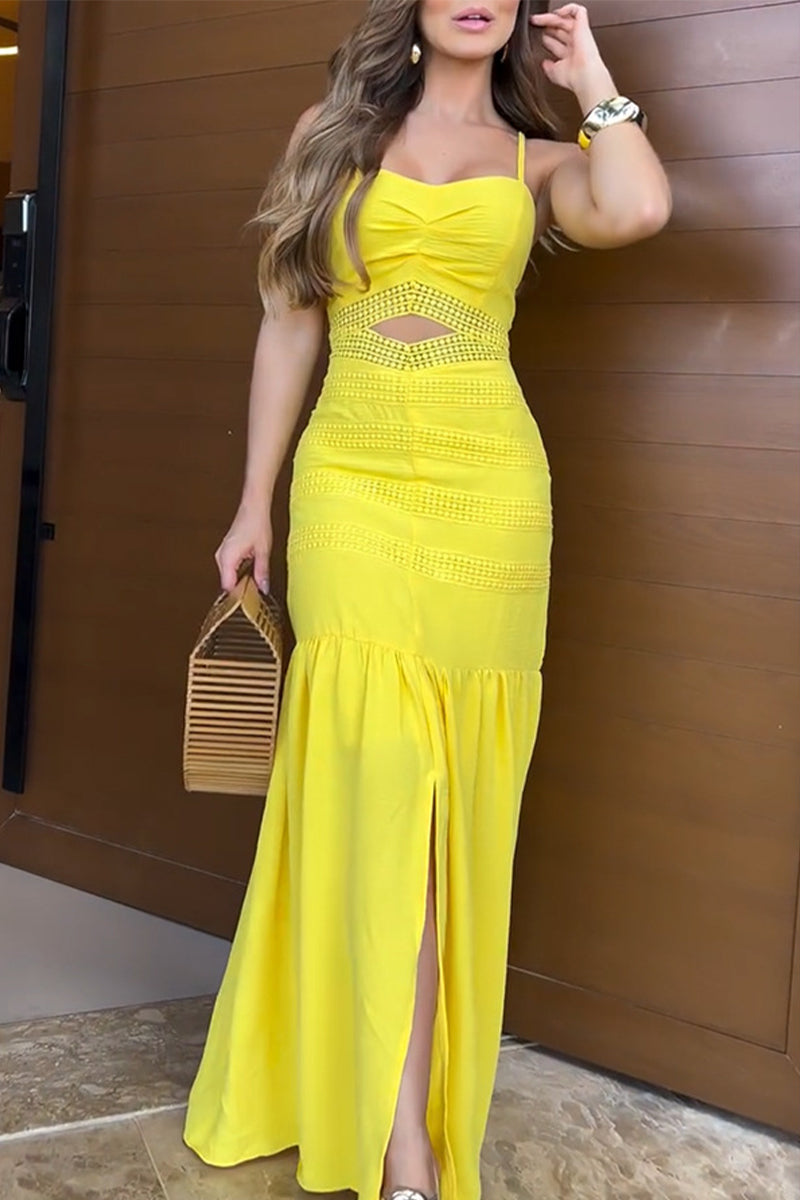 Color Hollow Out Slit Flounce Long Dresses