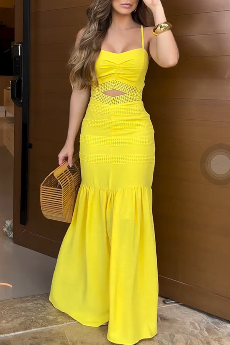 Color Hollow Out Slit Flounce Long Dresses