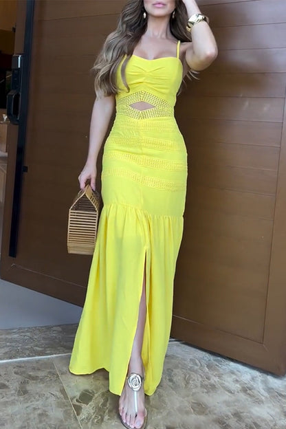 Color Hollow Out Slit Flounce Long Dresses