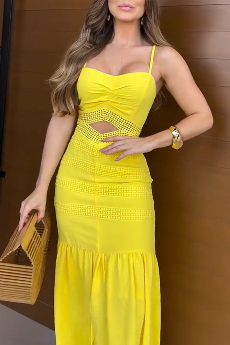 Color Hollow Out Slit Flounce Long Dresses