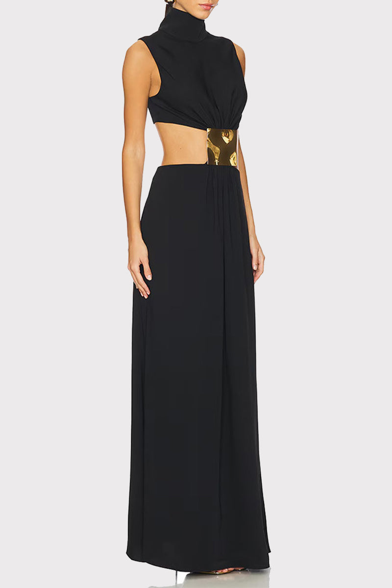 Color Hollow Out Metal Accessories Trim Turtleneck Long Dresses