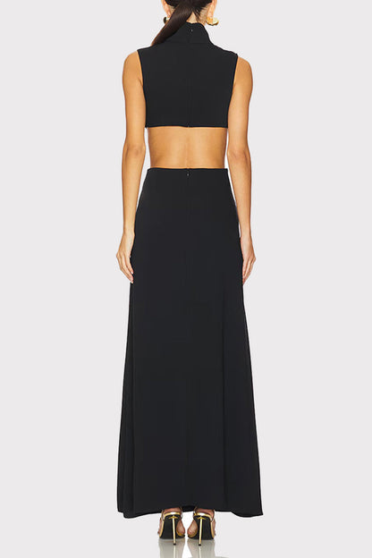 Color Hollow Out Metal Accessories Trim Turtleneck Long Dresses