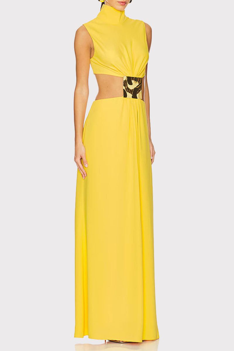 Color Hollow Out Metal Accessories Trim Turtleneck Long Dresses