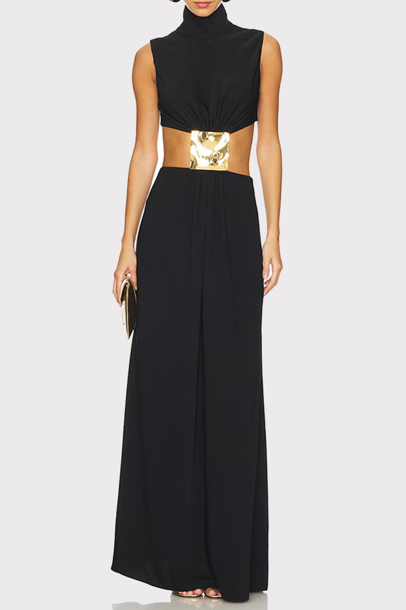 Color Hollow Out Metal Accessories Trim Turtleneck Long Dresses