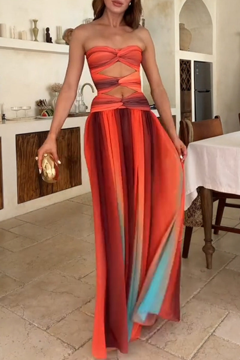 Gradient Print Irregular Strapless Long Dresses(the Color Is Not Fixed)