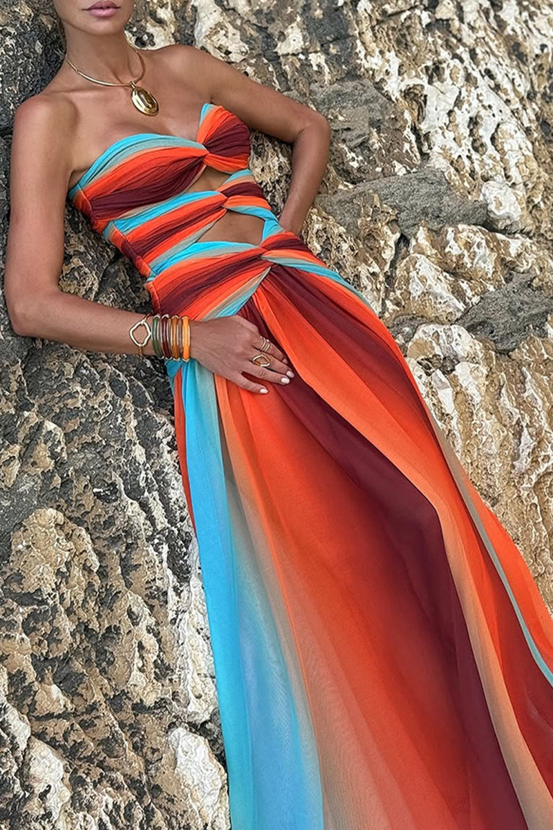 Gradient Print Irregular Strapless Long Dresses(the Color Is Not Fixed)