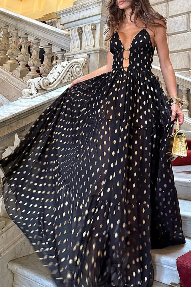Polka Dot Contrast V Neck Long Dresses