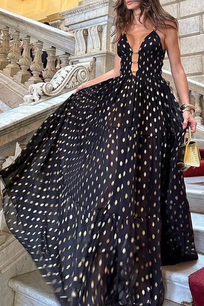 Polka Dot Contrast V Neck Long Dresses
