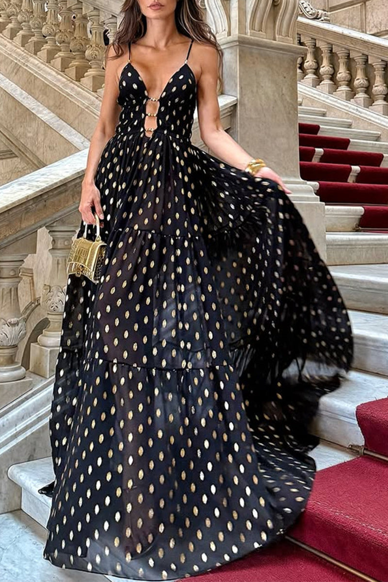 Polka Dot Contrast V Neck Long Dresses