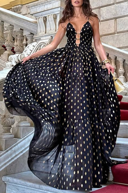 Polka Dot Contrast V Neck Long Dresses