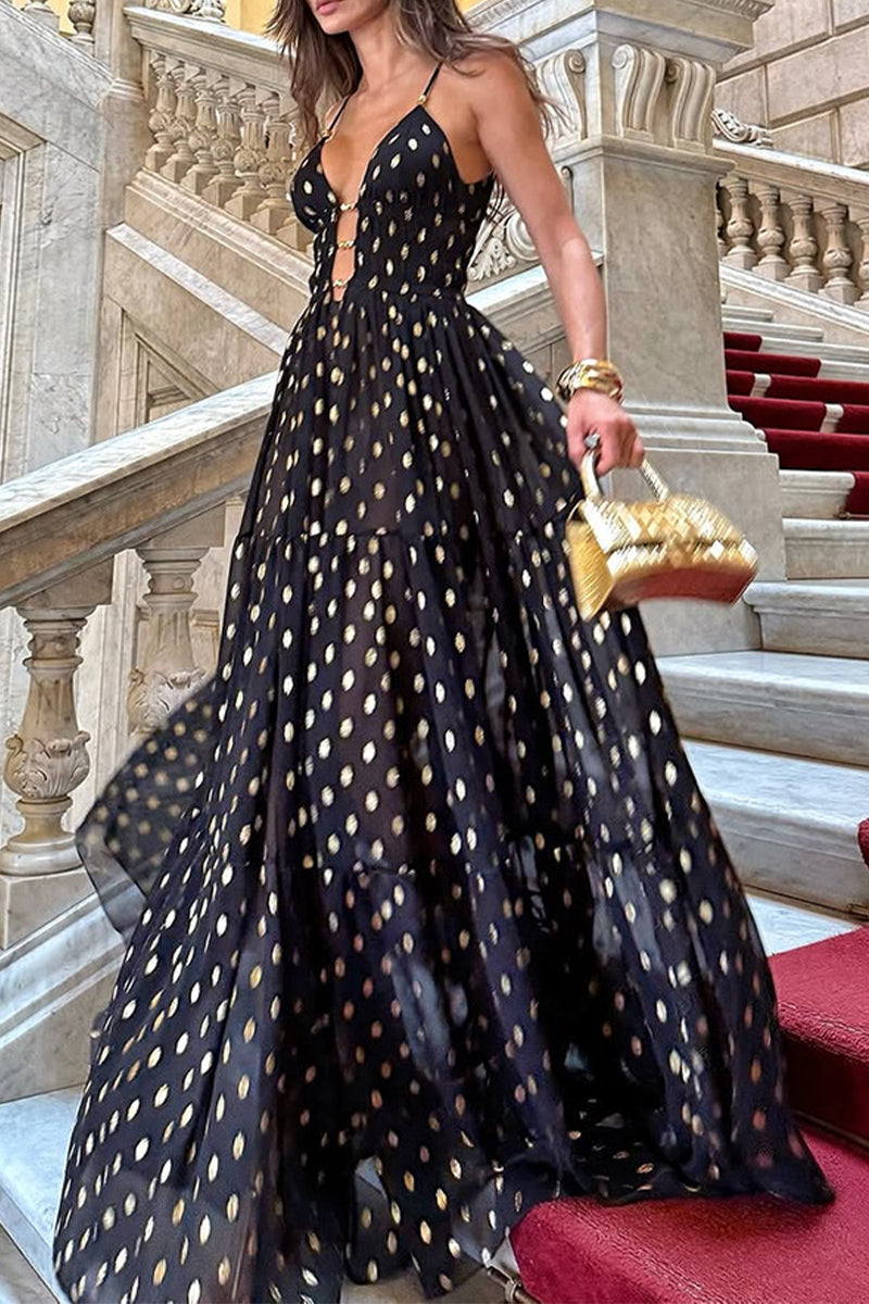 Polka Dot Contrast V Neck Long Dresses