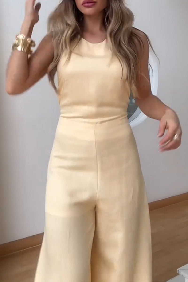 Color Patchwork Slit O Neck Jumpsuits