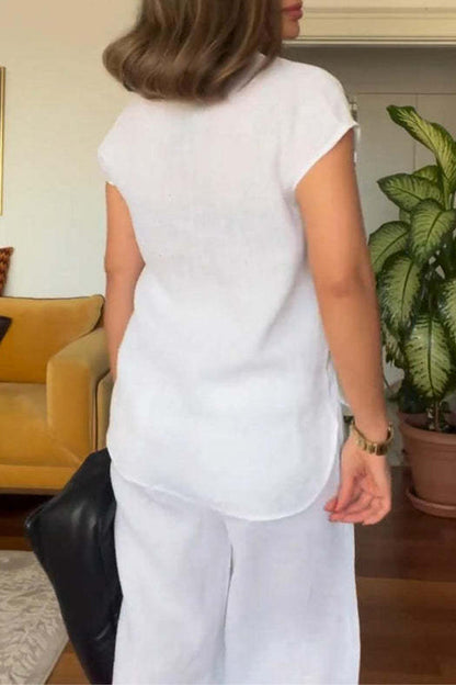 Color Pocket Turndown Collar Short Sleeve Two Pieces
