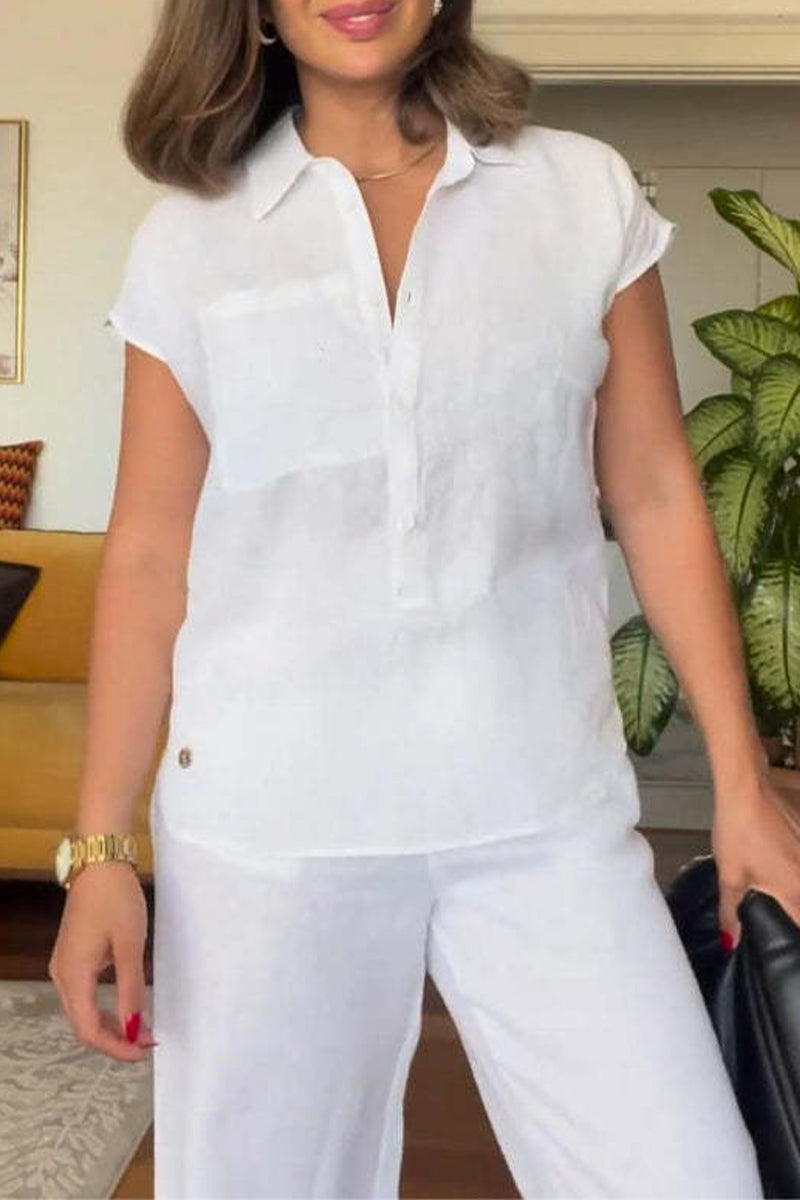 Color Pocket Turndown Collar Short Sleeve Two Pieces