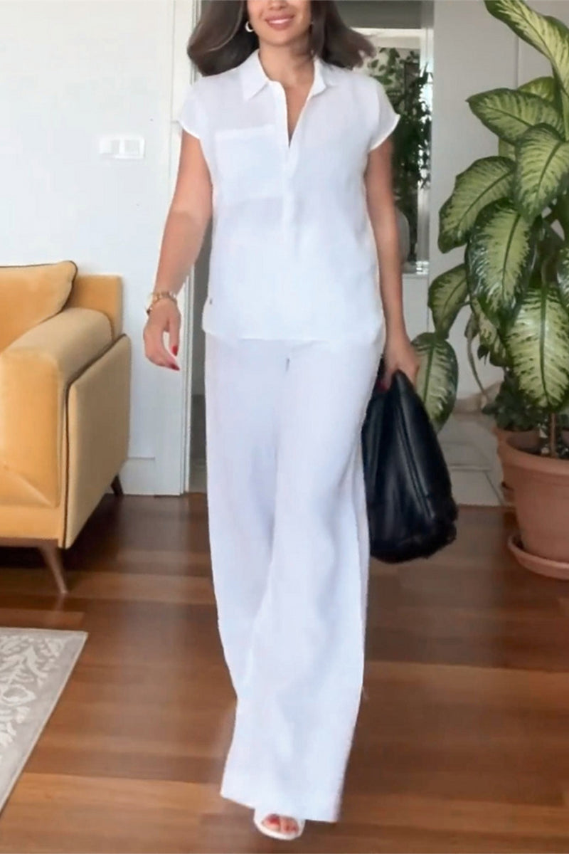 Color Pocket Turndown Collar Short Sleeve Two Pieces