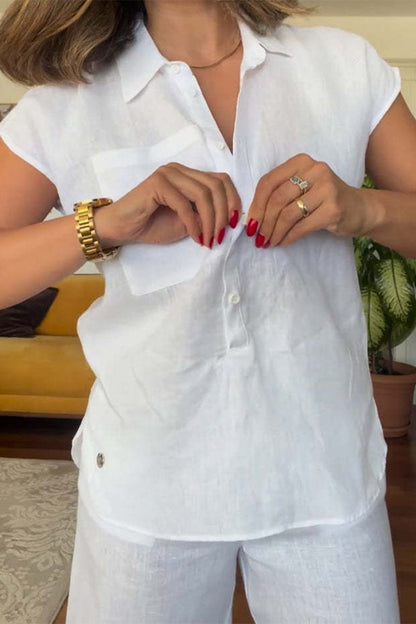 Color Pocket Turndown Collar Short Sleeve Two Pieces