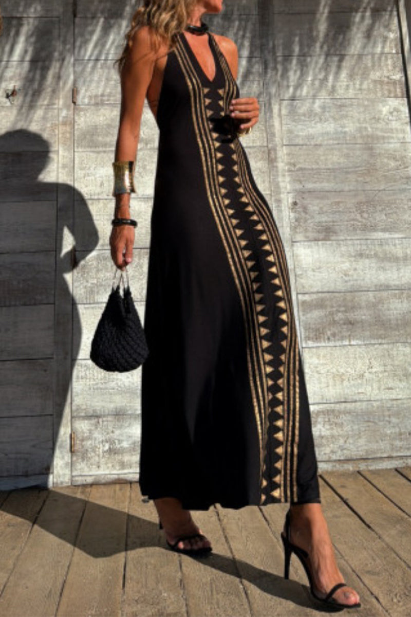Geometric Print Backless Halter One Step Skirt Dresses