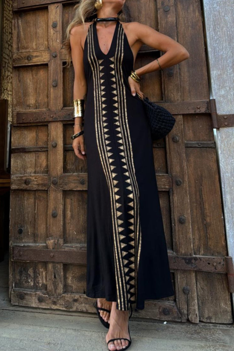 Geometric Print Backless Halter One Step Skirt Dresses