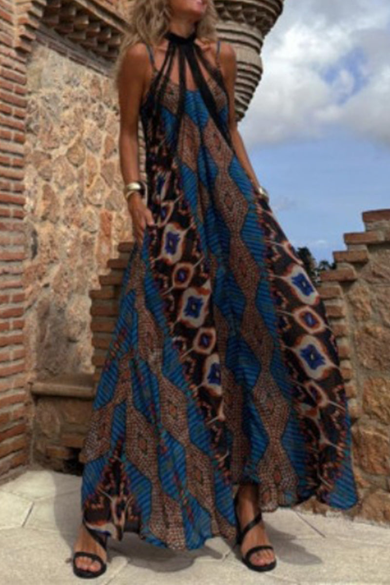 Geometric Print Pocket Contrast V Neck Long Dresses